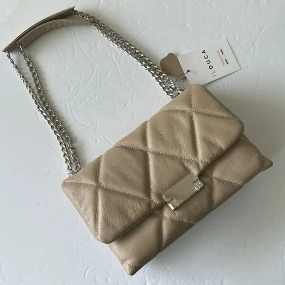 Il Duca Itlay Genuine Leather Quilted Convert Flap Handbag Taupe